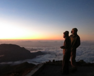 As the sky lightens, Pat and Del get a 360-degree view of TImor, including the south coast, the hills of Indonesian West Timor, and Atauro Island, 25km north of Dili.